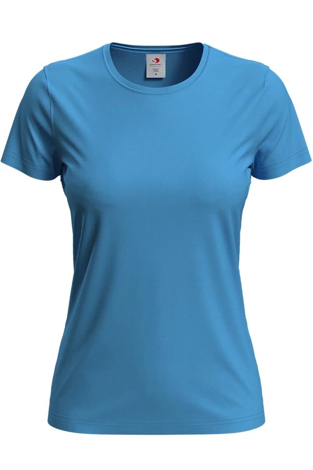 Sky blue women's crew neck t-shirt with short sleeves and fitted silhouette on white background
