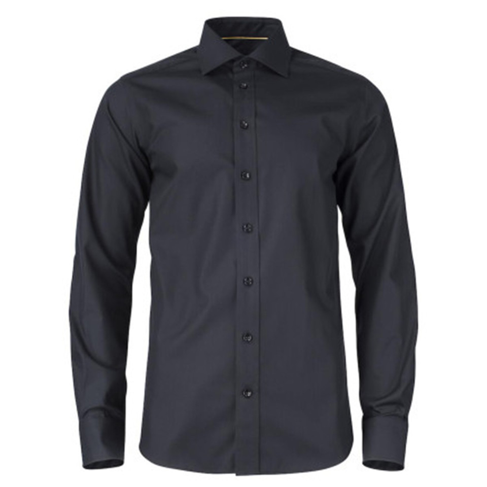 Charcoal grey long sleeve dress shirt with collar and button-front placket