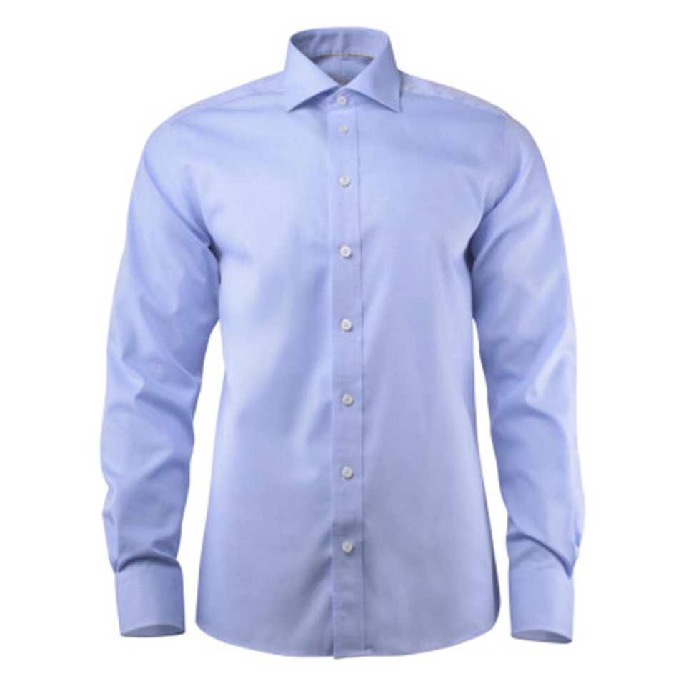 Light blue long sleeve dress shirt with spread collar and white button placket