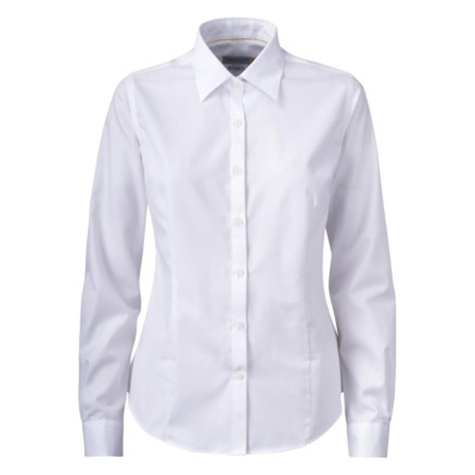 White fitted women's long sleeve business shirt with classic collar and button front