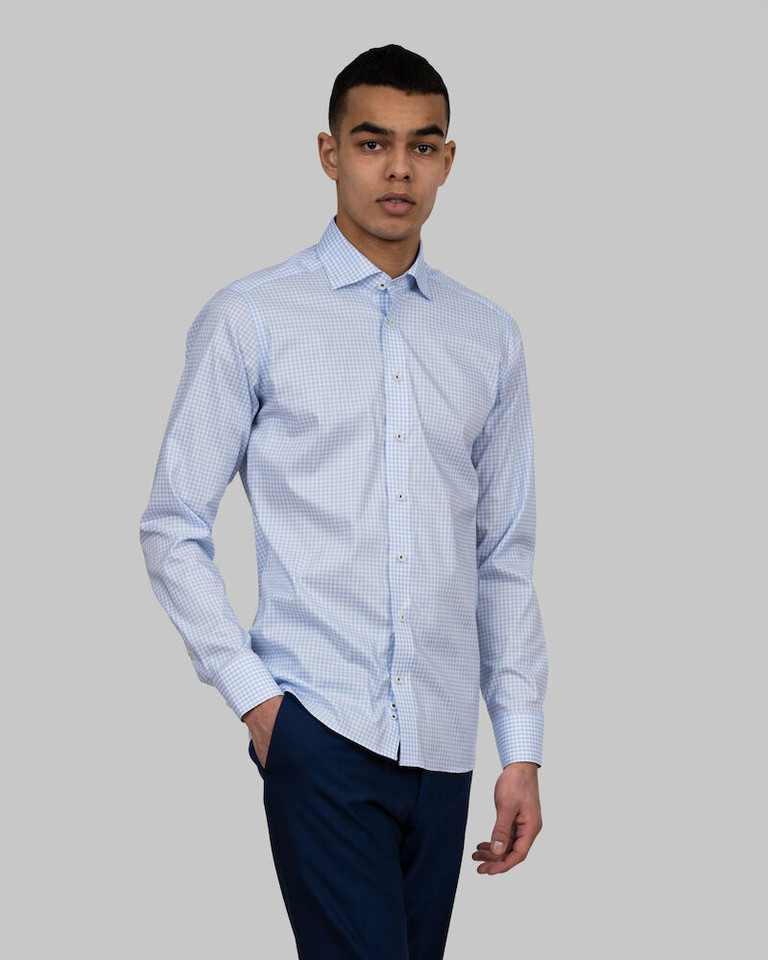 Light blue checkered long sleeve business shirt with collar and button front closure