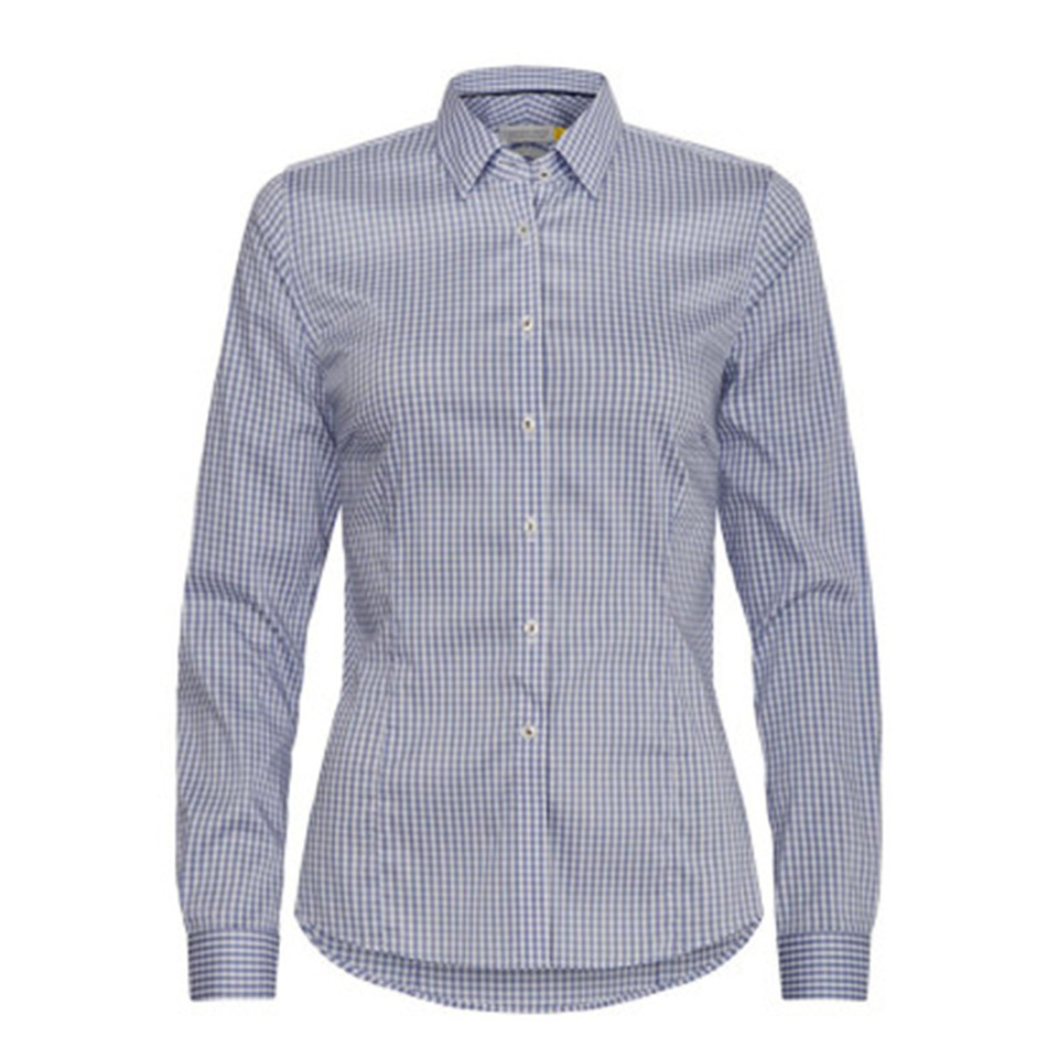 Women's fitted long sleeve shirt in blue and white gingham check with classic collar and button front