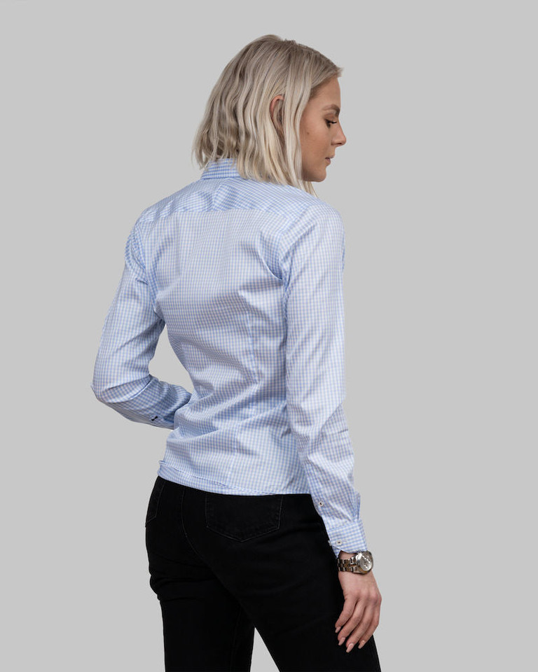 Back view of light blue and white checkered long sleeve women's shirt with collar and tailored fit
