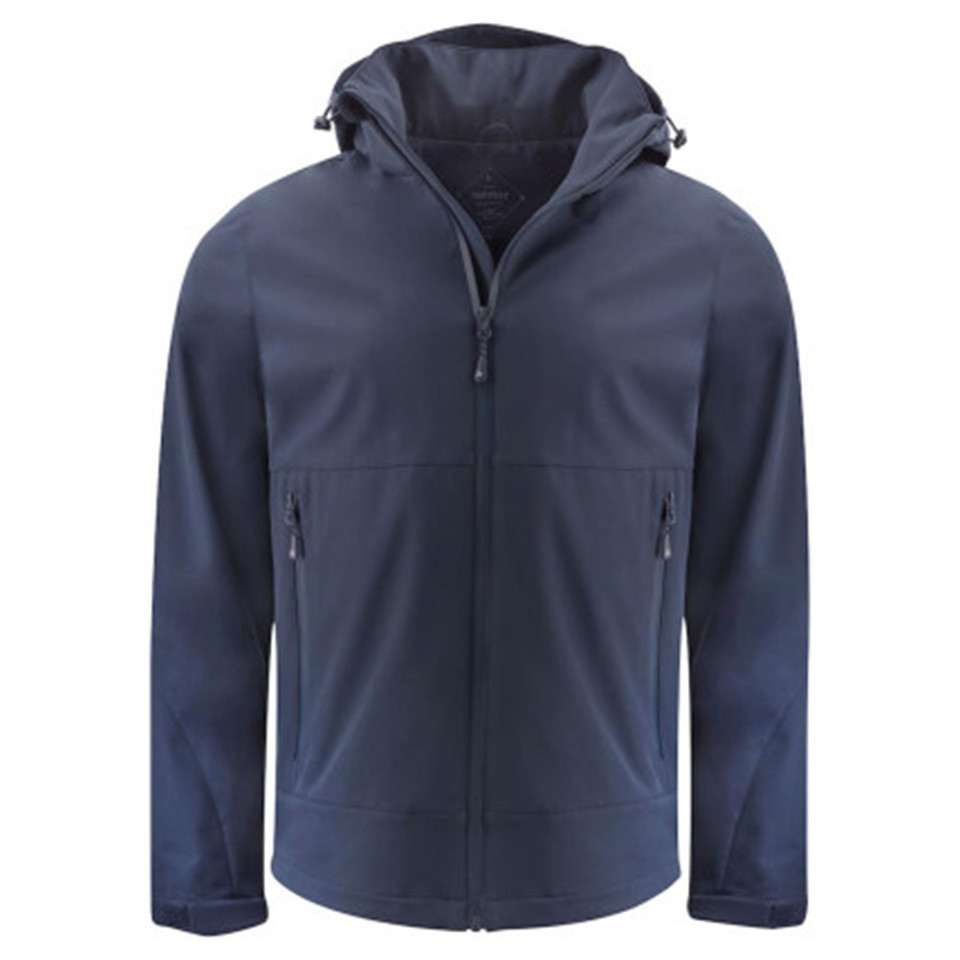 Navy blue men's softshell jacket with attached hood, full-length zip and zippered chest pockets