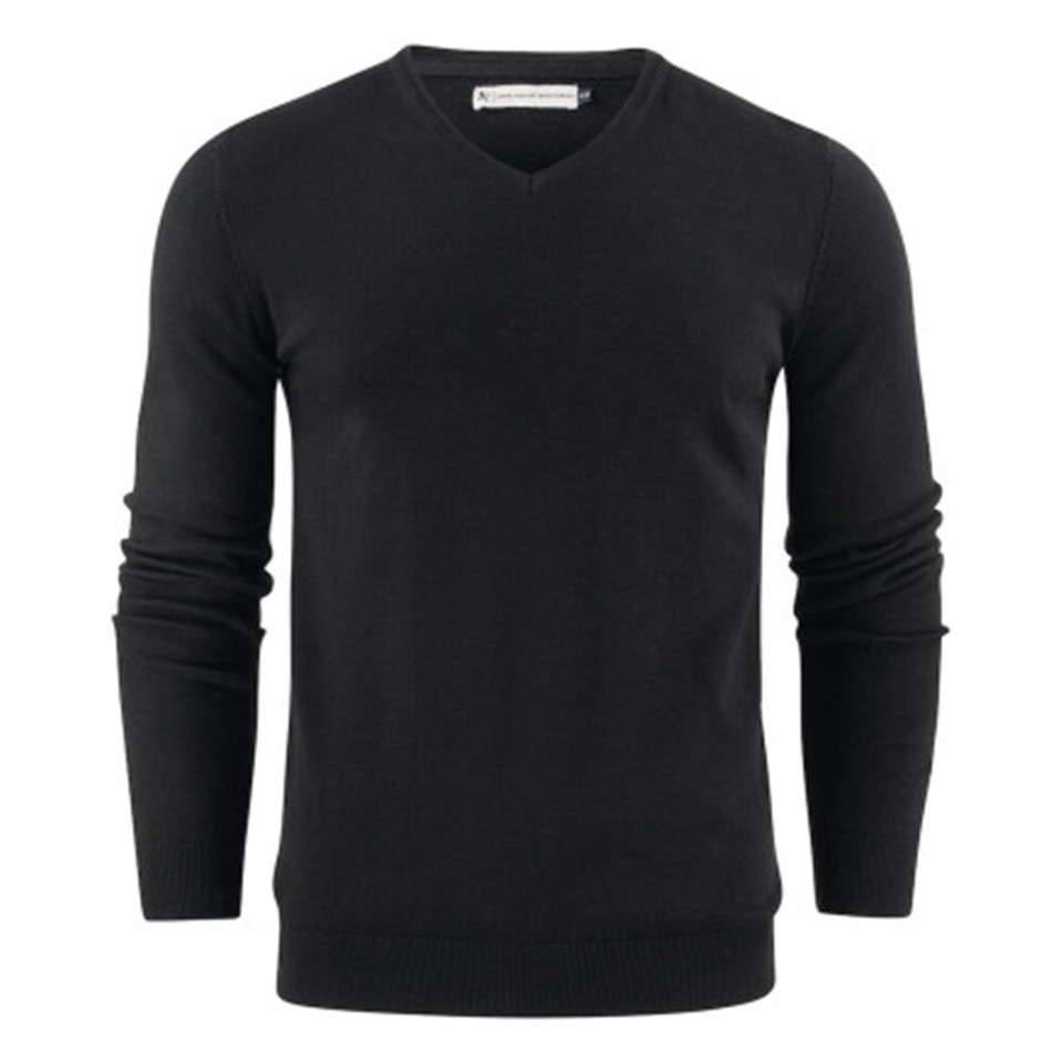 Black men's v-neck knit sweater with ribbed cuffs and hem, slim fit organic cotton packshot