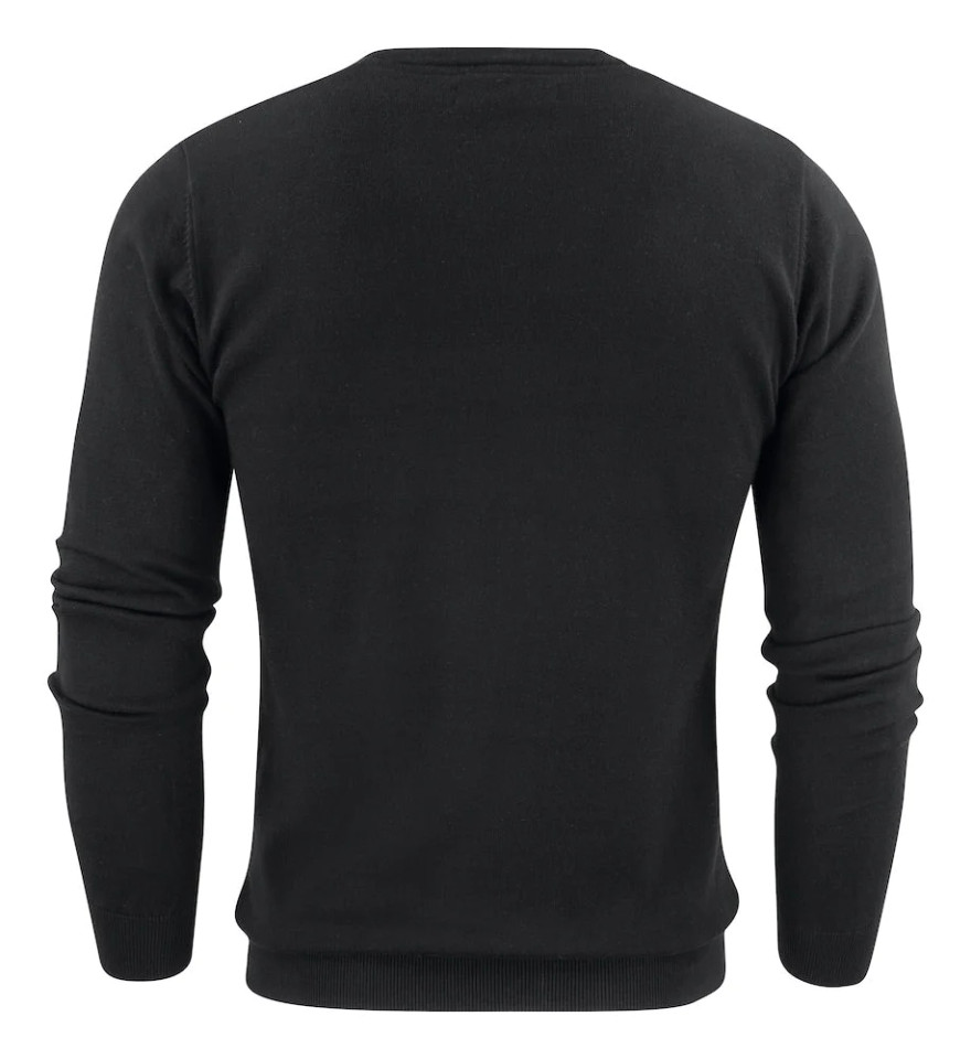 Black men's organic cotton V-neck sweater, rear view showing ribbed hem and cuffs with fine knit texture