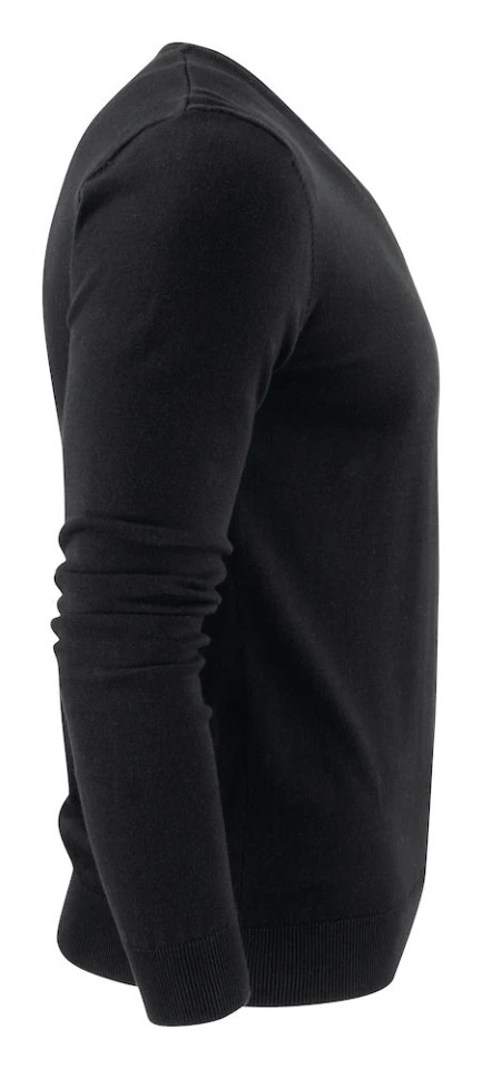 Black organic cotton V-neck sweater shown in side profile with ribbed cuffs and hem