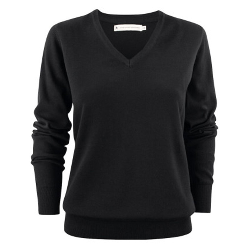 Black organic cotton women's v-neck sweater with ribbed cuffs and hem, flat front ideal for decoration