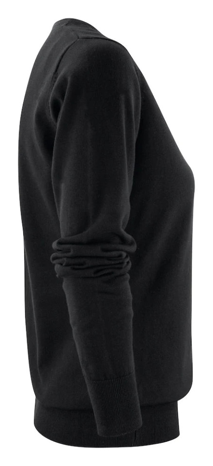Black organic cotton v-neck sweater with ribbed cuffs and hem shown from side angle
