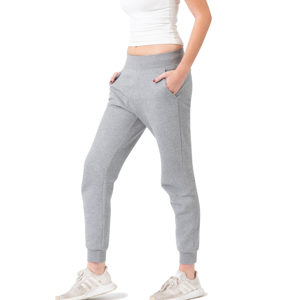 Grey marle cotton track pants with elasticated waistband, side pockets and ribbed ankle cuffs