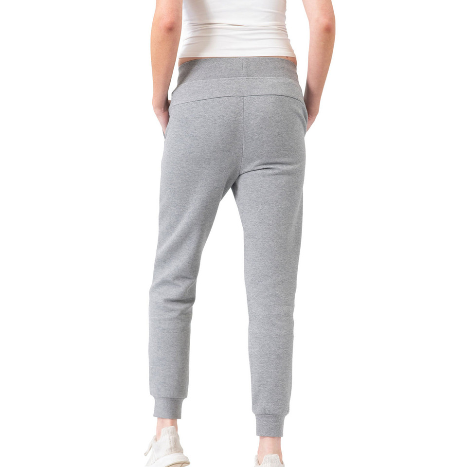 Grey marle cotton track pants with elasticated waistband and ribbed cuffs, shown from back