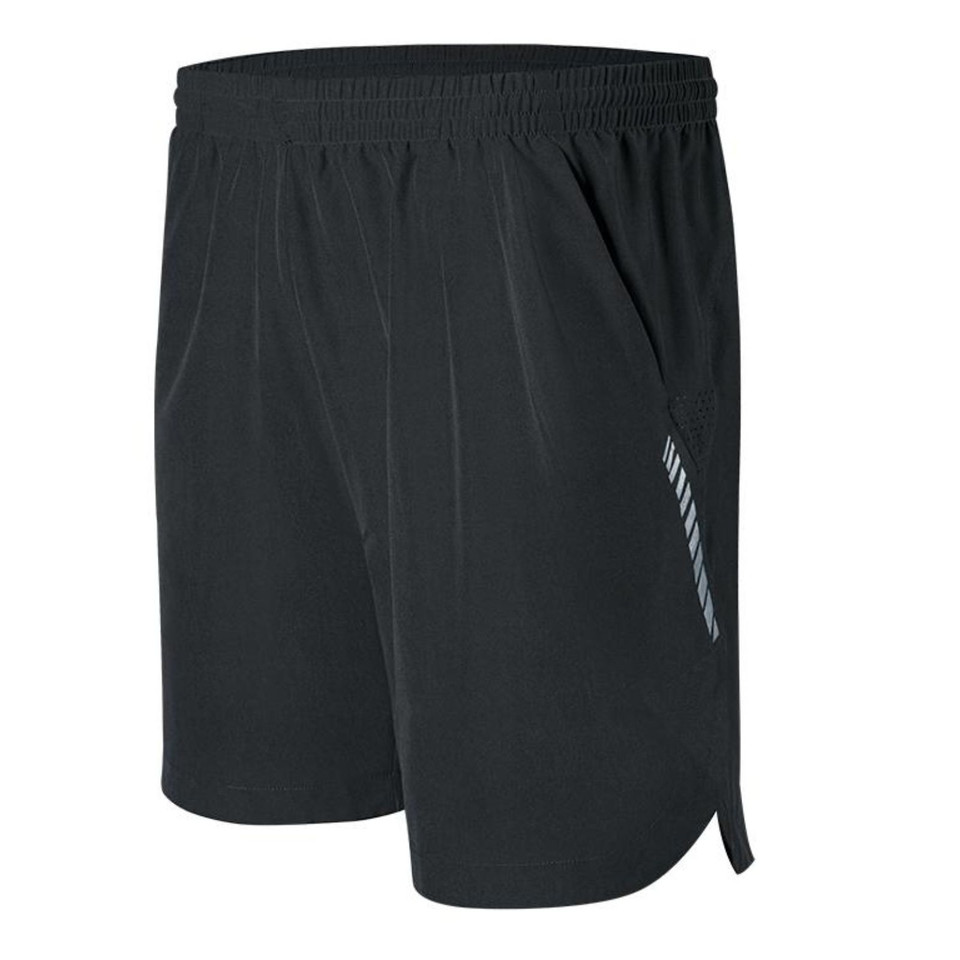 Black athletic shorts with elasticated waistband, side pockets and reflective striped detail on thigh