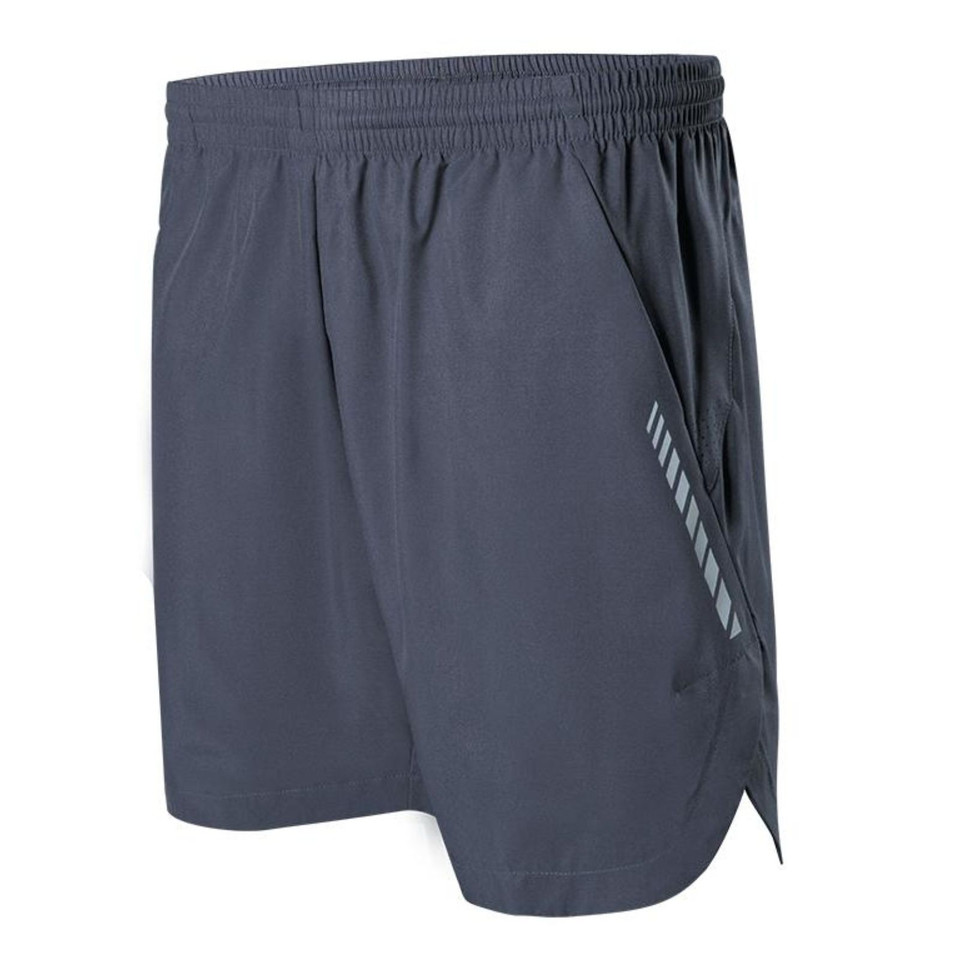 Charcoal grey running shorts with elasticated waistband and reflective diagonal stripe detail on left thigh