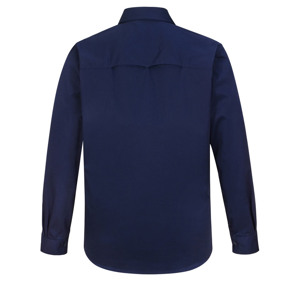 Navy long sleeve work shirt back view with yoke panel and collar