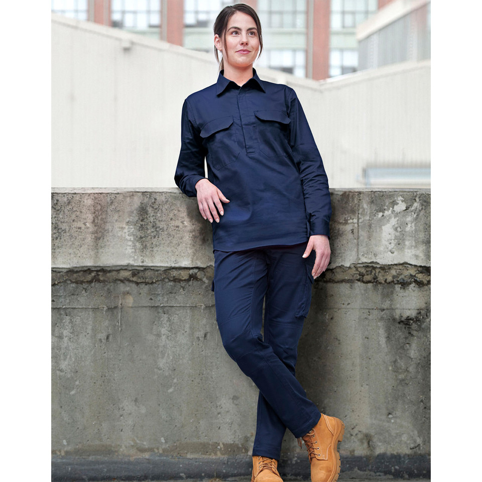 Navy long-sleeve work shirt with chest flap pockets and button placket closure