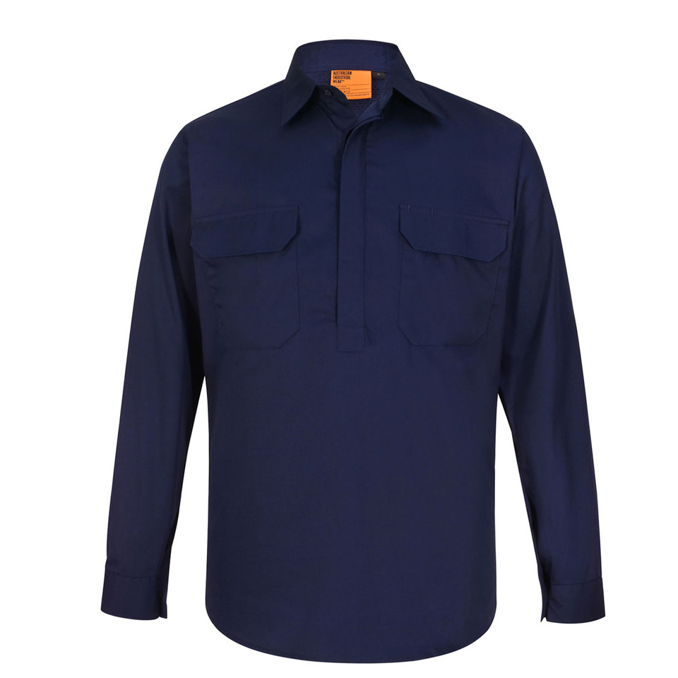 Navy long sleeve work shirt with chest pockets and button-down collar in closed front style
