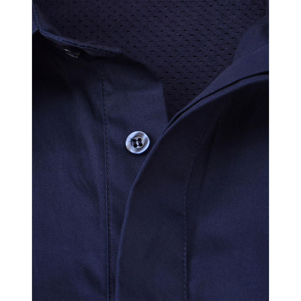 Navy work shirt with textured mesh ventilation panel and button-through placket detail
