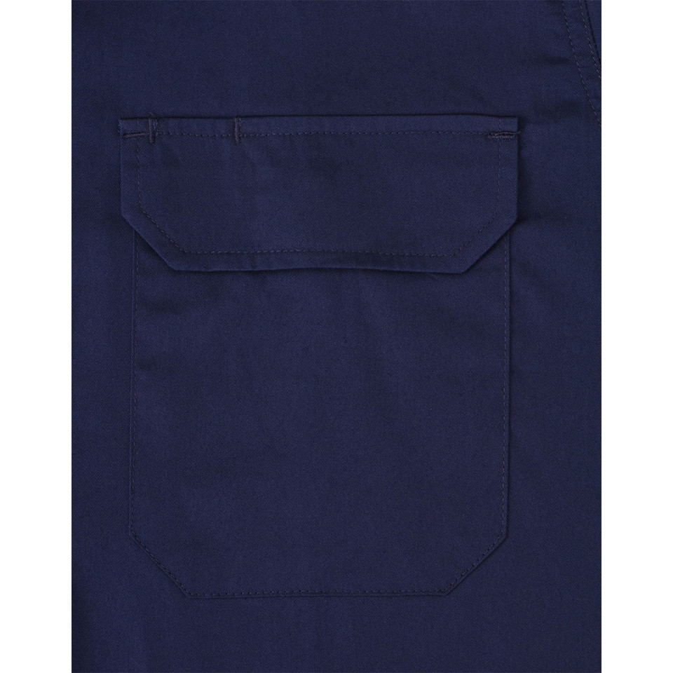 Navy work shirt chest pocket with flap closure and pen slots detail