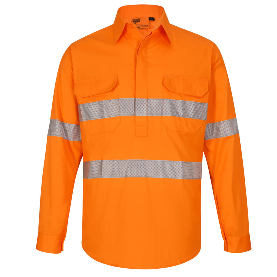 Hi vis orange closed front work shirt with perforated reflective tape bands and twin chest pockets