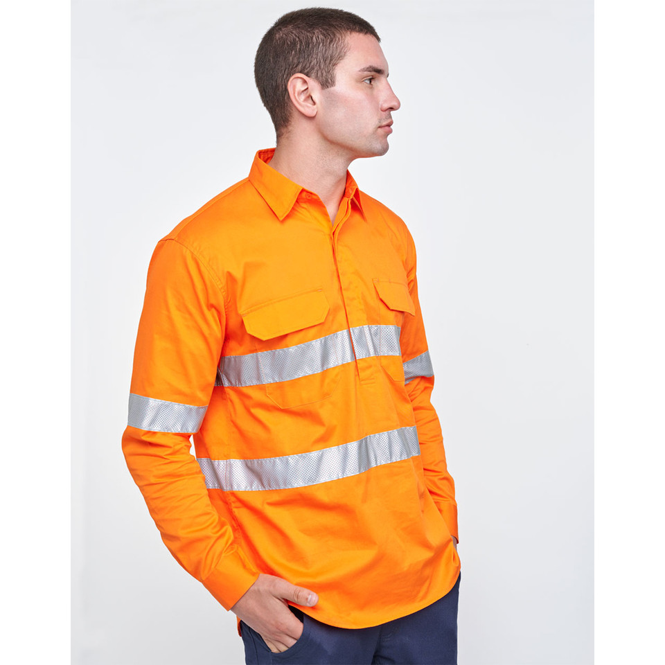 Man wearing hi vis orange closed front work shirt with dual reflective perforated tape bands and chest pockets