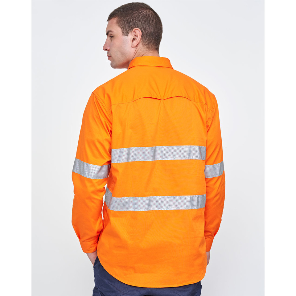 Man wearing hi vis orange long sleeve work shirt, rear view, dual silver perforated reflective tape across back