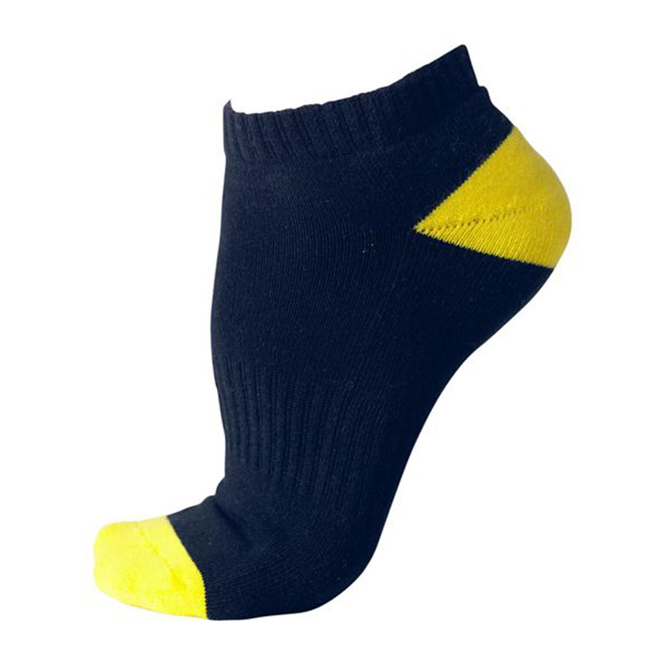 Navy ankle sock with yellow contrast toe cap and heel panel, ribbed cuff, packshot side view
