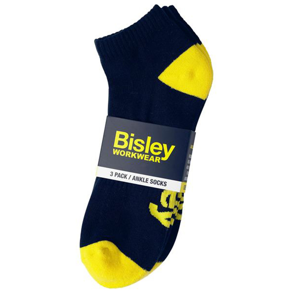 Navy ankle socks with yellow heel and toe contrast, packaged as a Bisley Workwear 3-pack