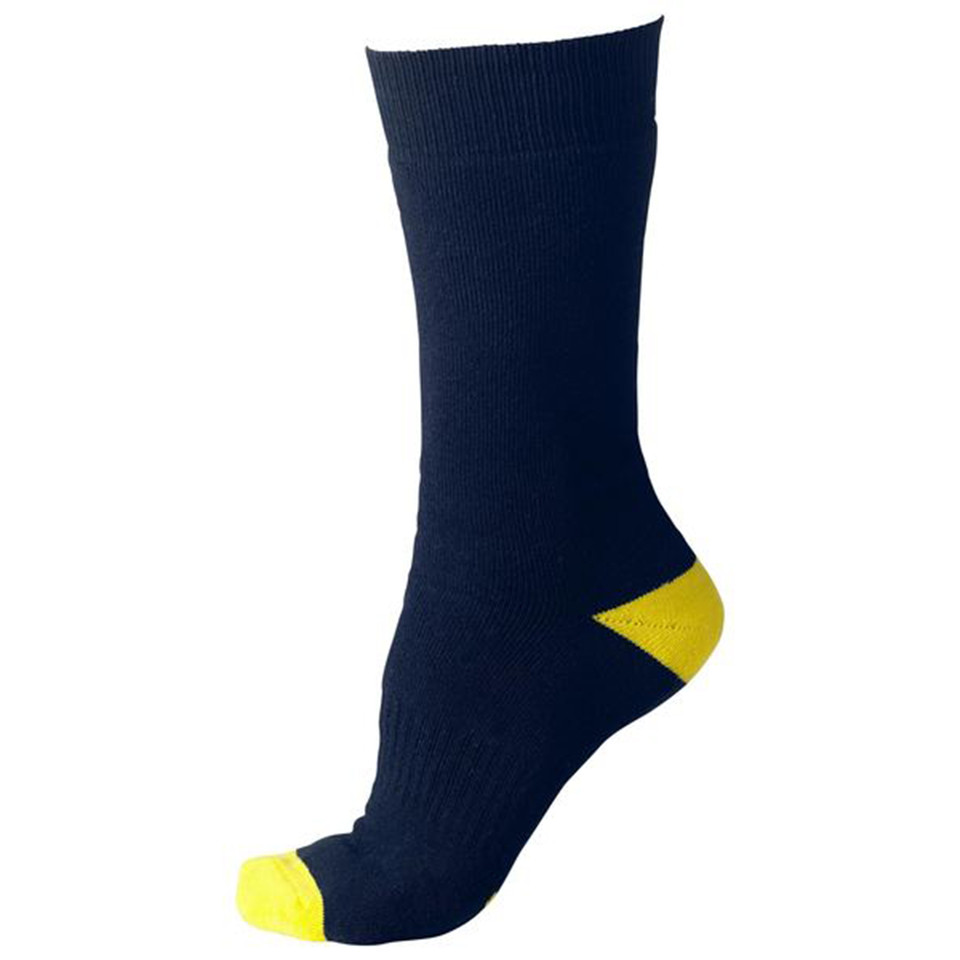 Navy crew work sock with yellow contrast heel and toe panels, ribbed cuff, packshot on foot form