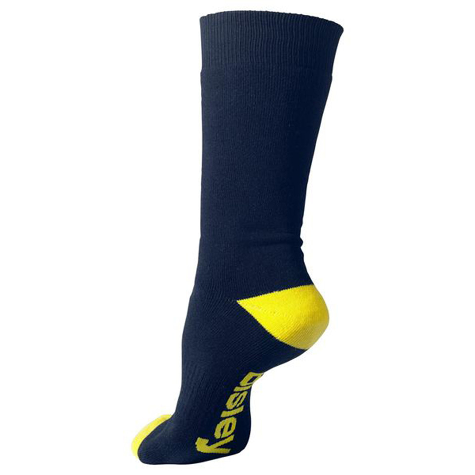 Navy crew-length work sock with yellow contrast heel and toe, ribbed cuff, Bisley branding on ankle