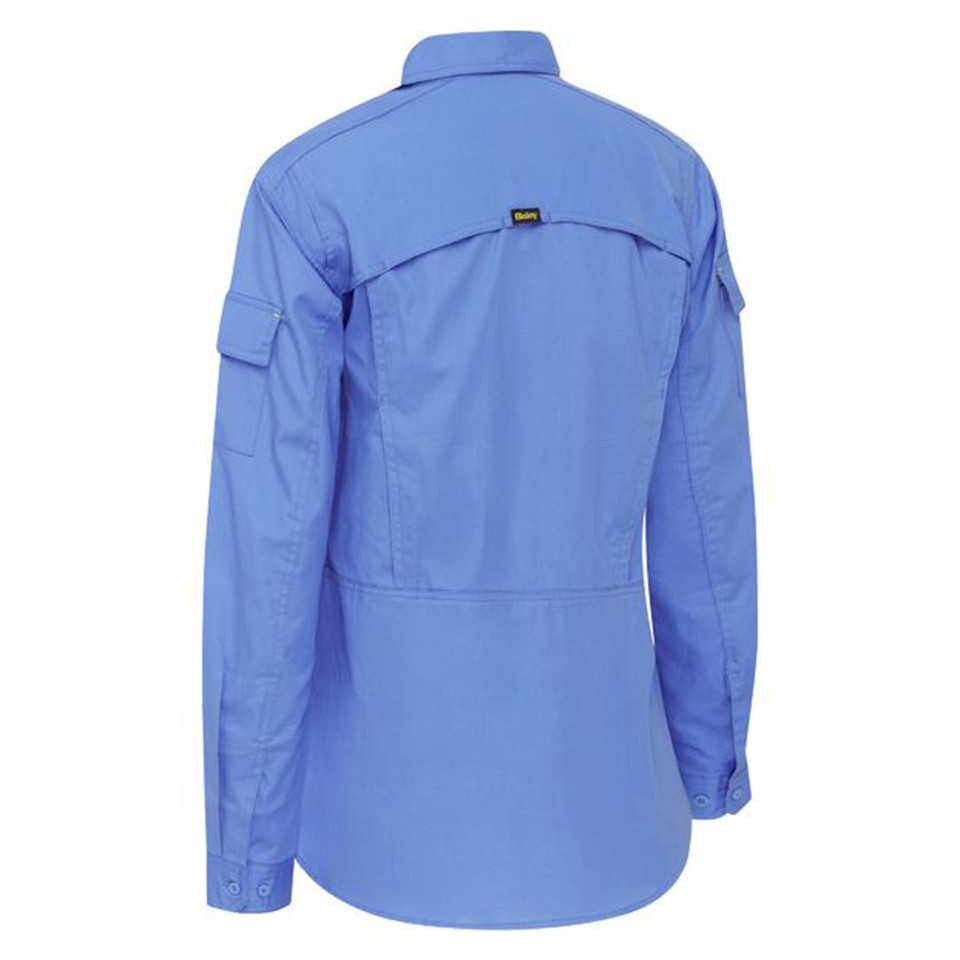 Rear view of a women's cornflower blue long-sleeve ripstop work shirt with vented back yoke and tab sleeves