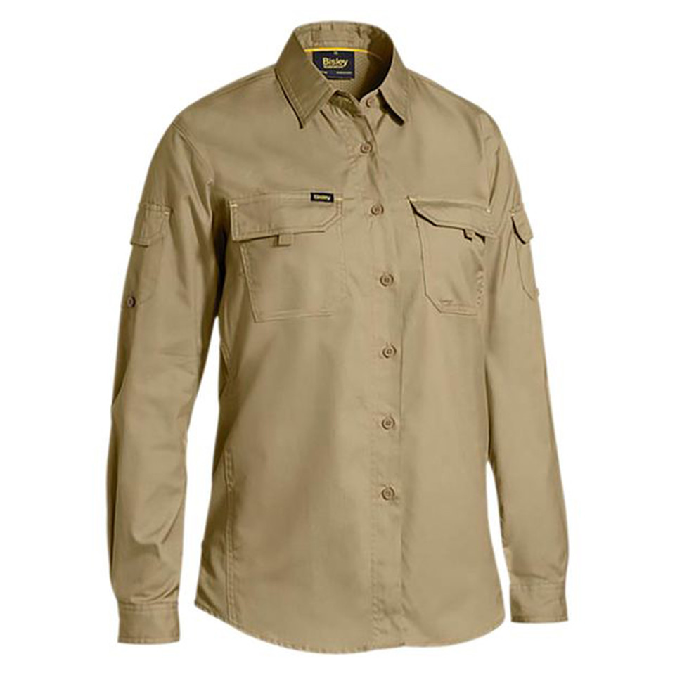 Khaki women's long sleeve work shirt with dual chest flap pockets and button-through front
