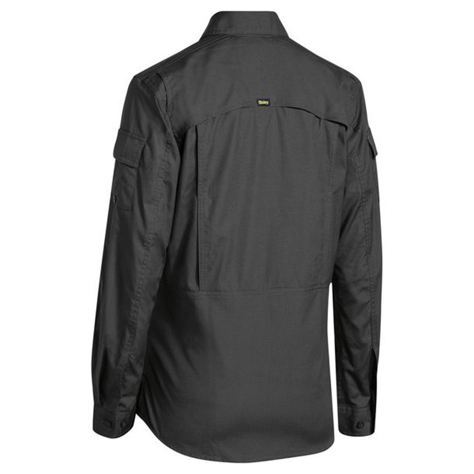 Charcoal women's long sleeve ripstop work shirt, rear view showing vented back panel and sleeve pocket tabs