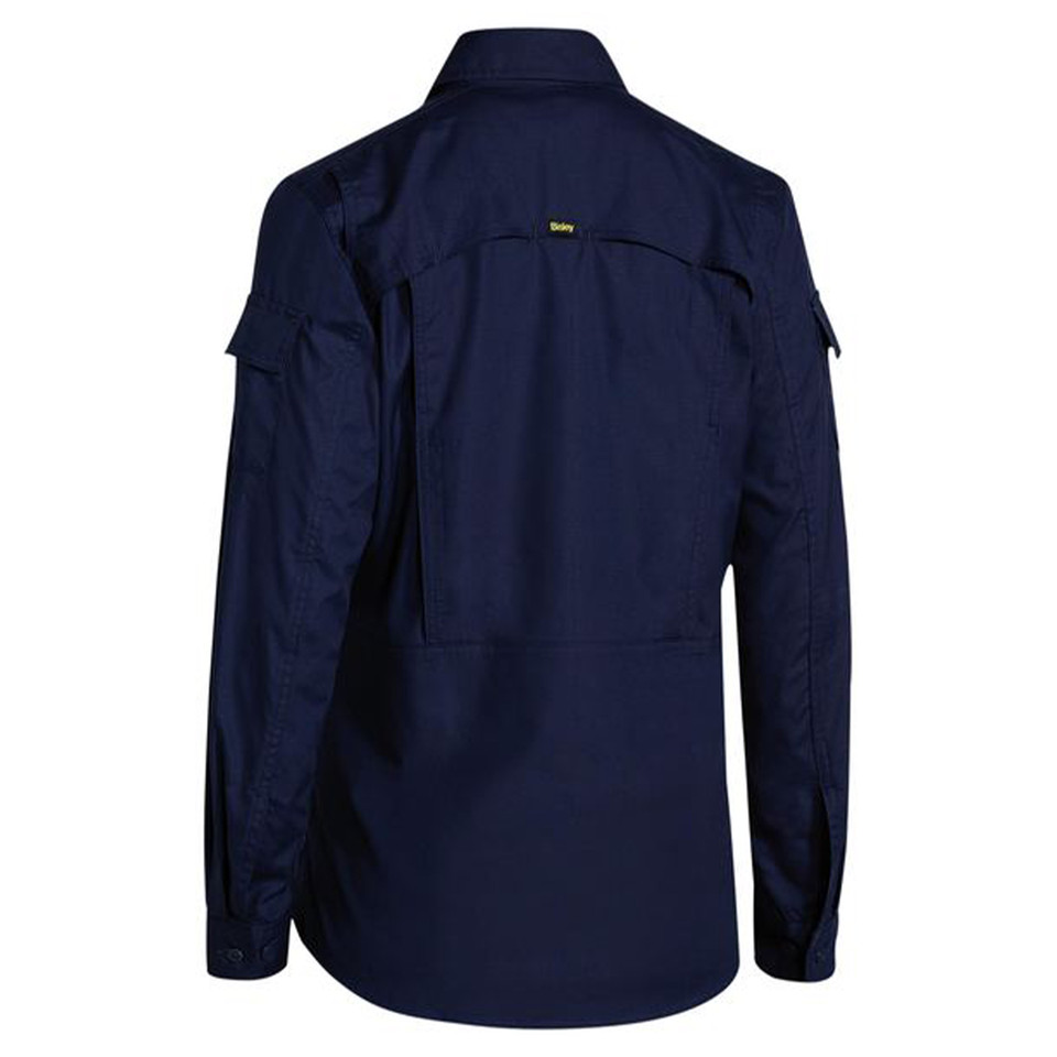 Navy ripstop work shirt back view showing shoulder vents and dual chest pockets with pen slot detail