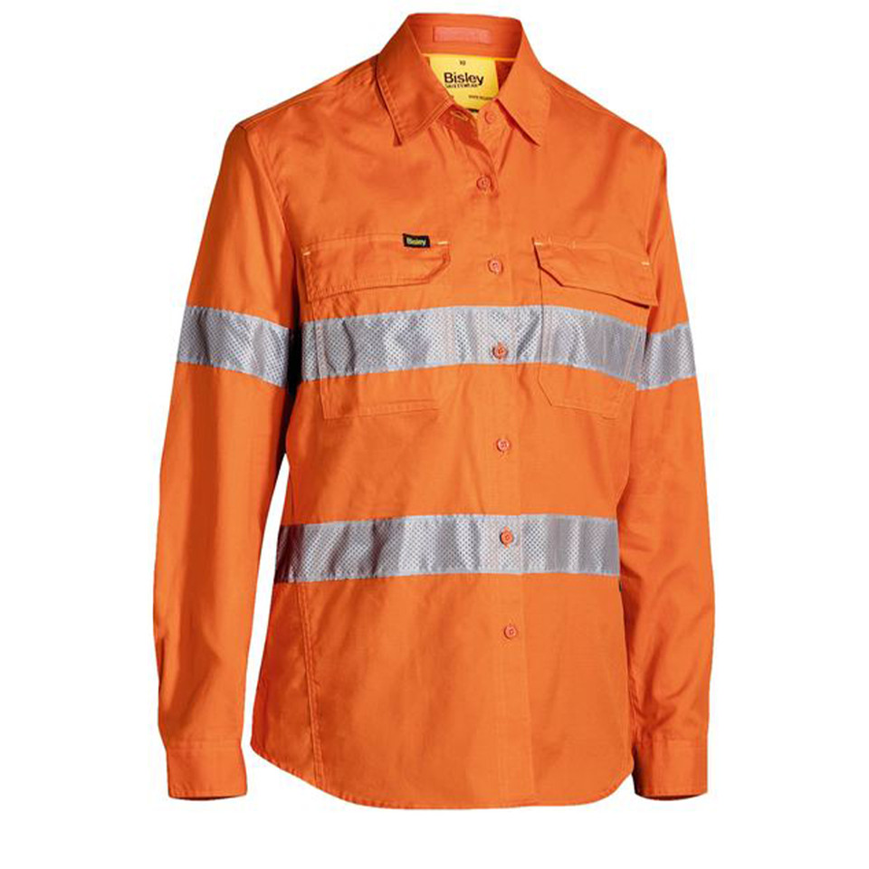 Orange hi vis work shirt with twin silver reflective tape stripes and chest pockets