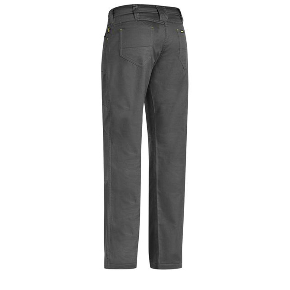 Charcoal grey women's work pants rear view with yellow contrast stitching and back pockets