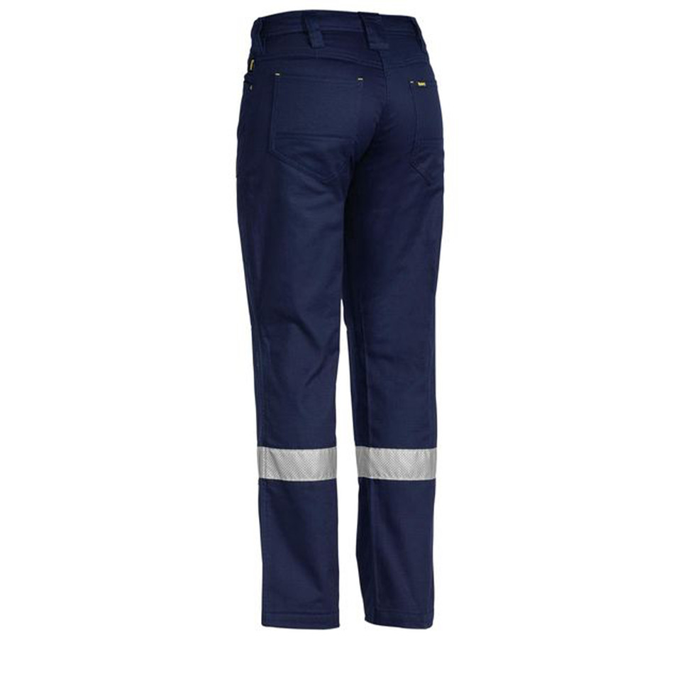 Navy blue women's ripstop work pants with silver reflective tape at lower legs, rear view showing pockets