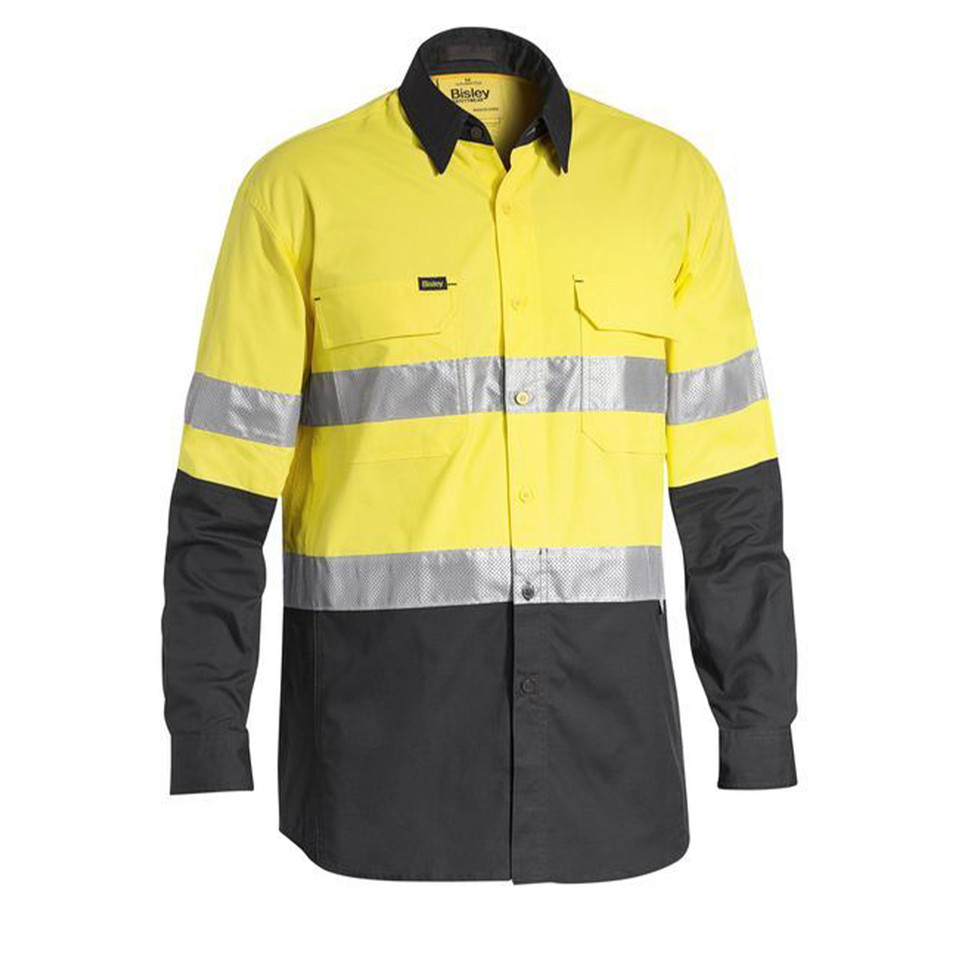 Hi-vis yellow and charcoal work shirt with reflective silver tape and contrast collar