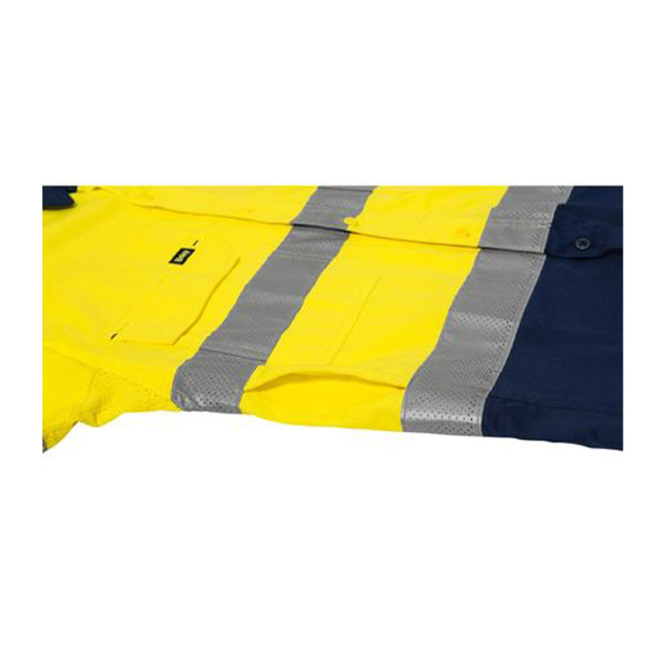 Hi-vis yellow ripstop shirt with grey reflective tape and navy contrast panels, featuring chest pocket and airflow mesh