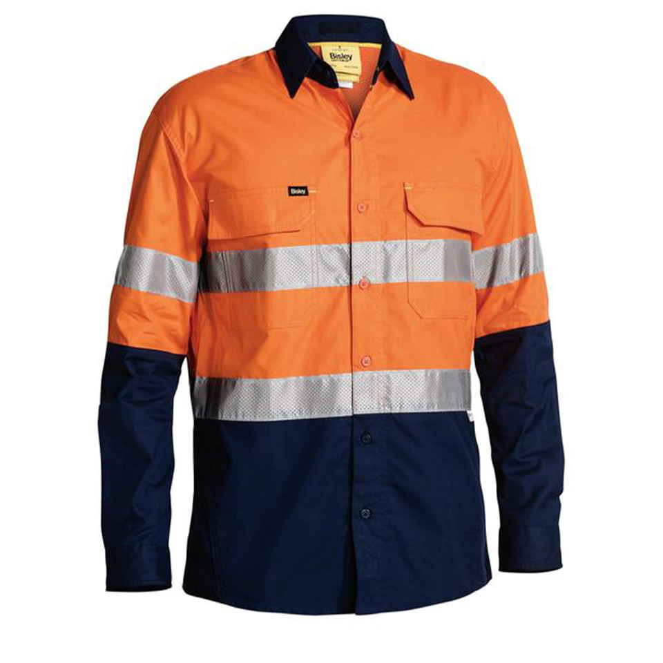 Orange and navy ripstop work shirt with silver reflective tape, chest pockets and navy collar