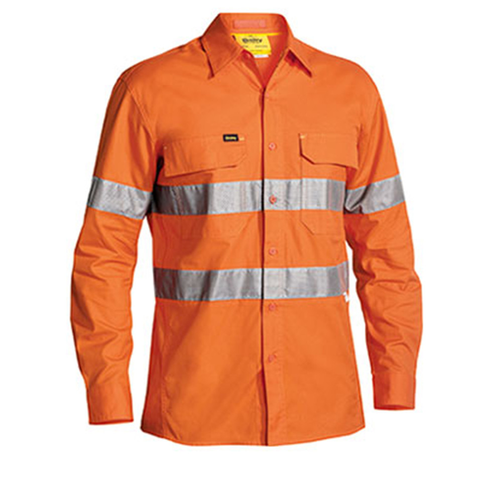 Men's orange hi-vis ripstop long sleeve work shirt with silver reflective tape and twin chest pockets