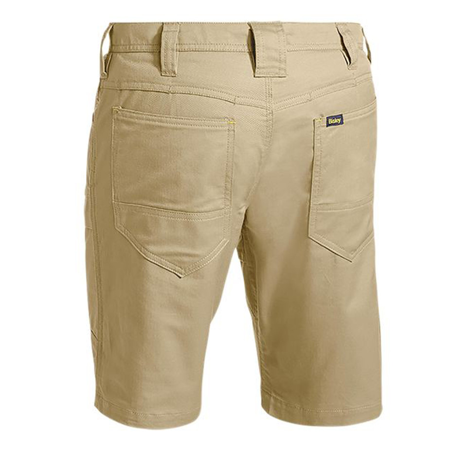 Sand khaki men's ripstop work shorts rear view showing twin back pockets, belt loops and branded tab