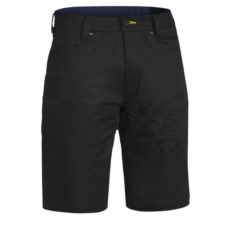 Black ripstop work shorts with traditional five-pocket styling and contrast yellow bartack stitching