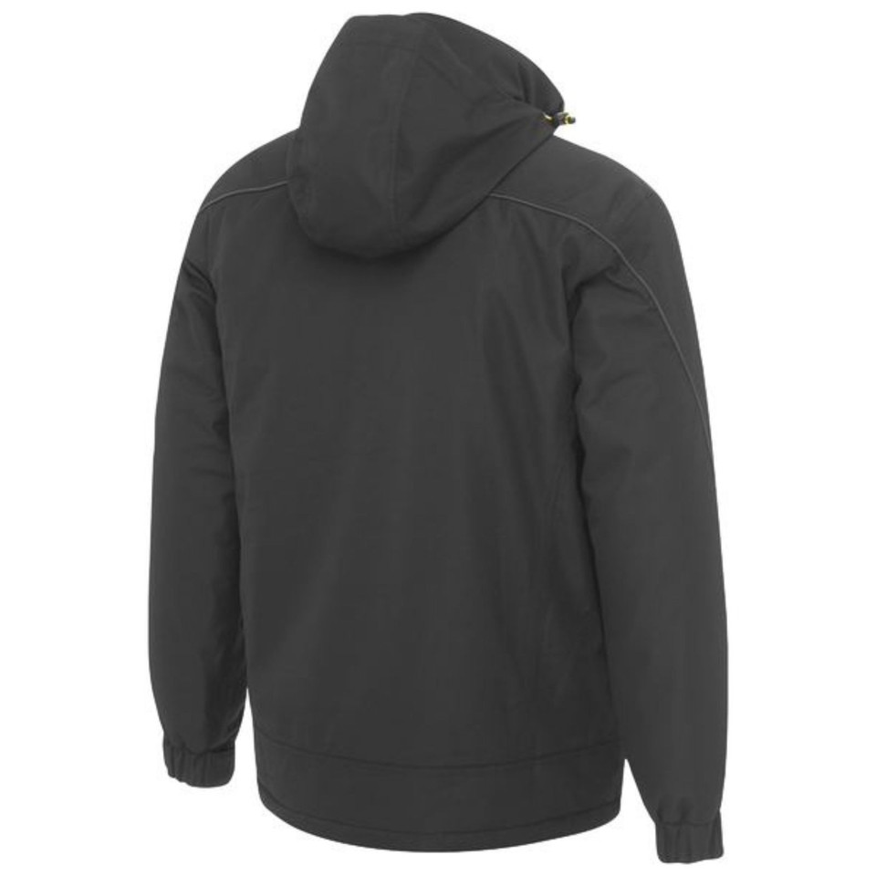 Charcoal heavy duty hooded jacket rear view showing seam-sealed panels and elasticated hem