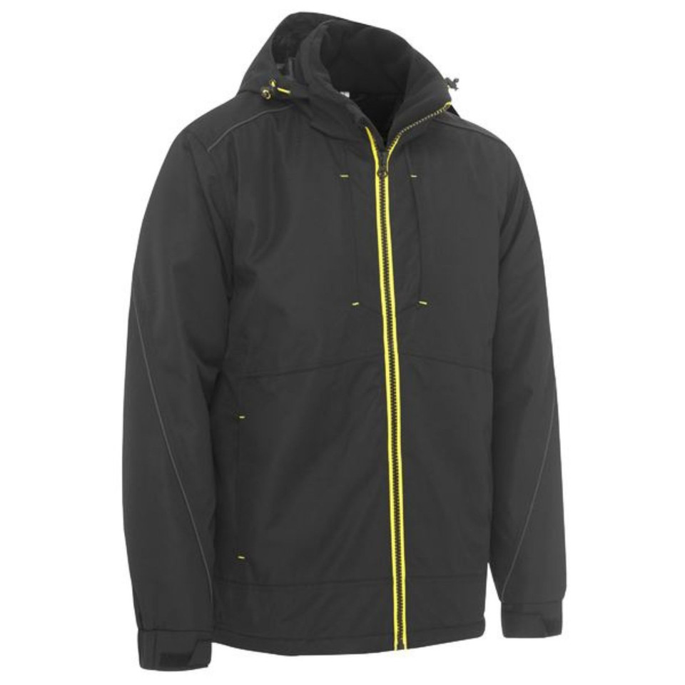 Black heavy duty hooded jacket with contrast yellow full-length zip, zip pockets and ribbed cuffs — packshot