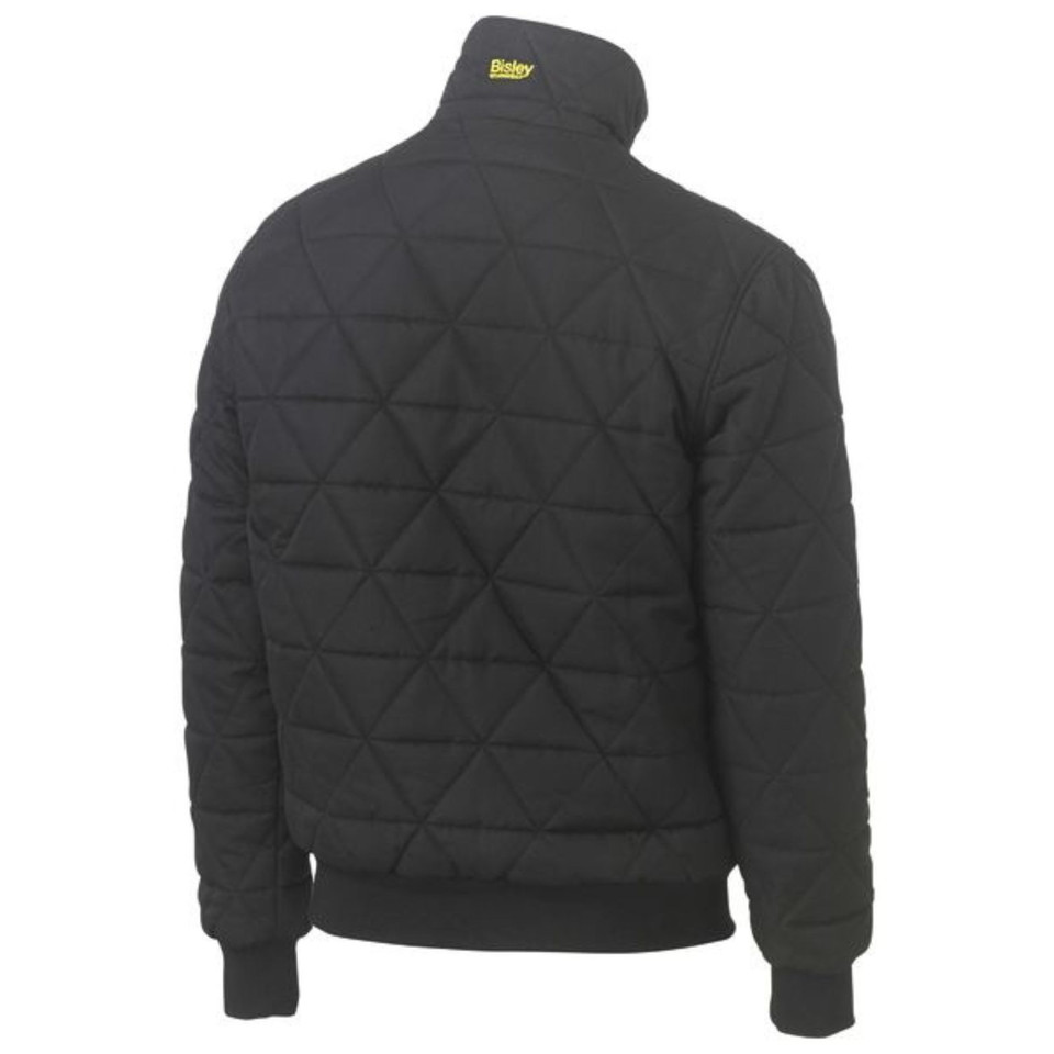Black quilted bomber jacket rear view with triangle diamond pattern, ribbed cuffs and hem, high collar