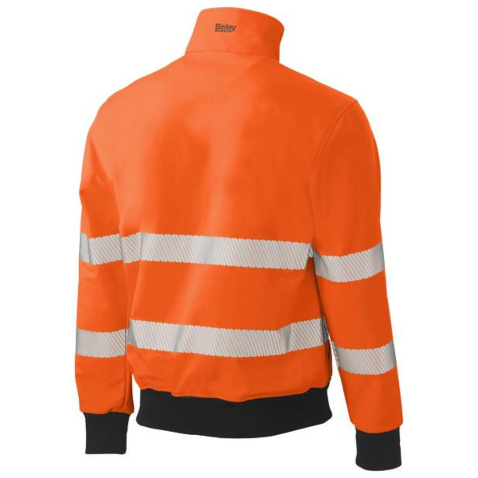 Hi-vis orange bomber jacket with silver reflective tape stripes and navy ribbed collar and cuffs shown from back