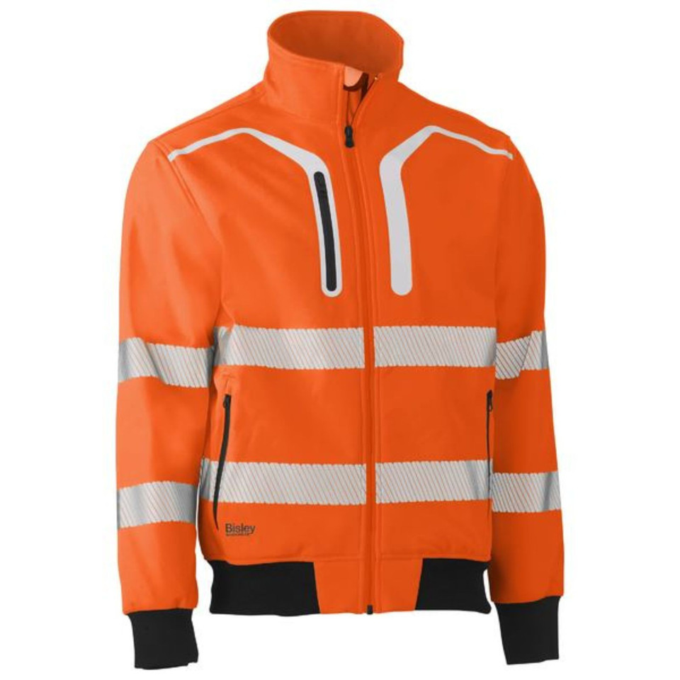 Orange hi-vis bomber jacket with white reflective tape stripes and chest pockets on stand collar design