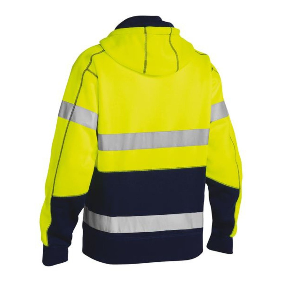 Rear view of fluoro yellow and navy two-tone hi vis fleece hoodie with two horizontal silver reflective tape bands
