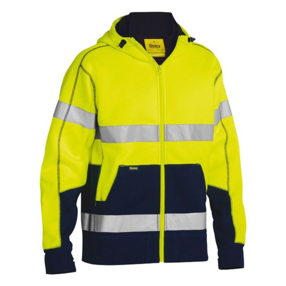 Hi-vis yellow and navy fleece hoodie with reflective silver tape and sherpa-lined hood