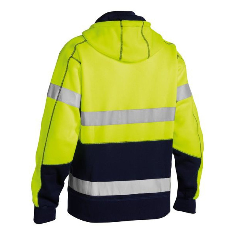 Hi-vis yellow and navy hoodie with silver reflective tape across back and sleeves, rear view showing hood